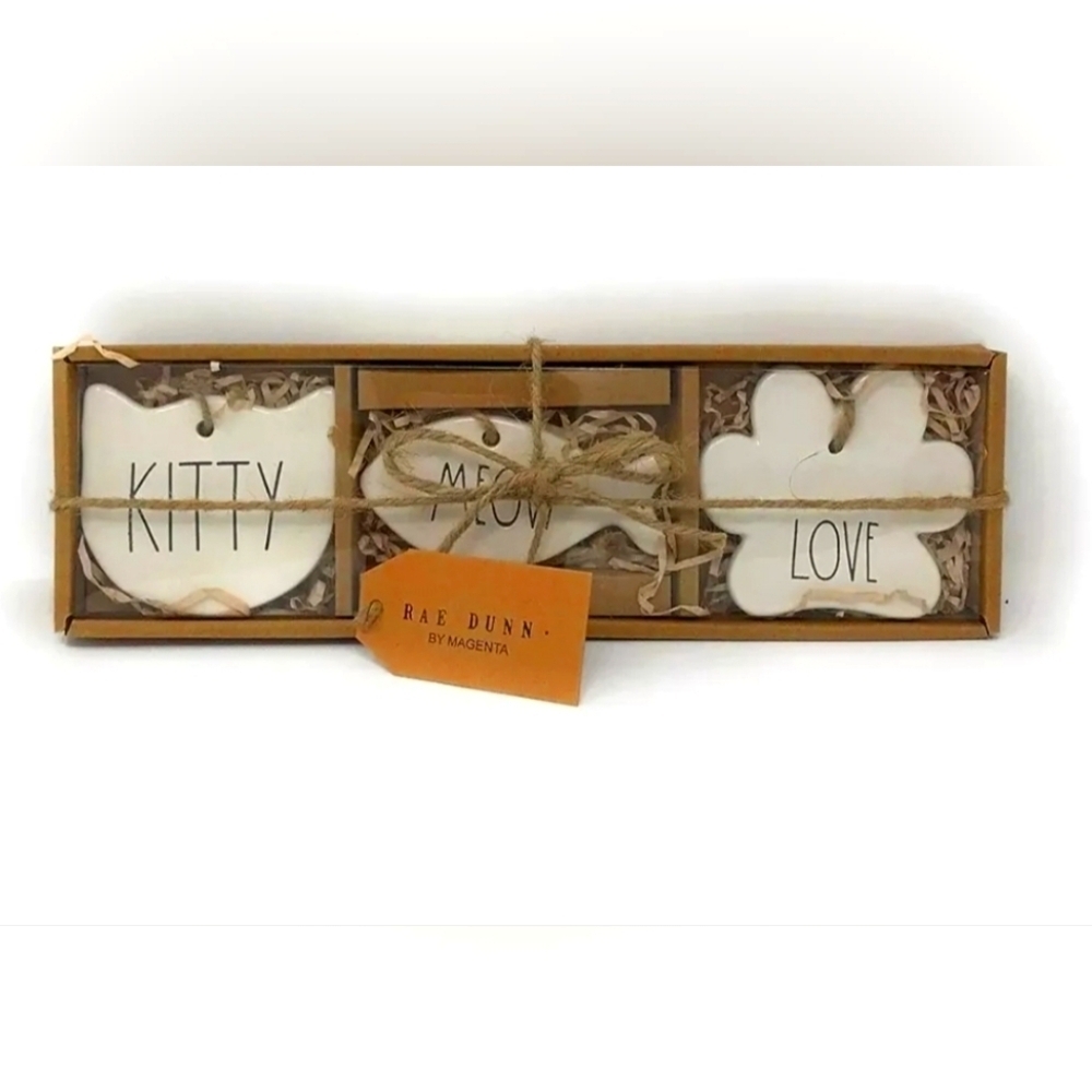 New Rae Dunn Cat Love Paw Christmas ornaments 3 pack Ceramic